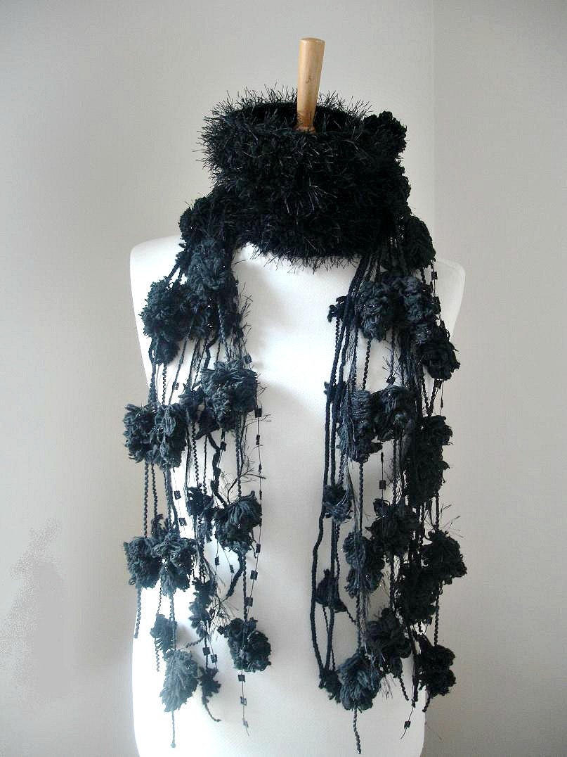 Black Long Scarf With  Pompoms, and Fringes, Fashion under 25,  Ready to Ship, New Season, Chunky Knits