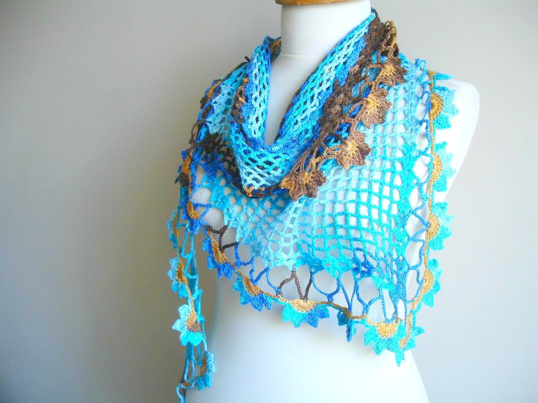 Spring 2012, Merserized Triangle  Blue brown  Scarf  By Crochetlab, Gift for mom,  Mothers day gift