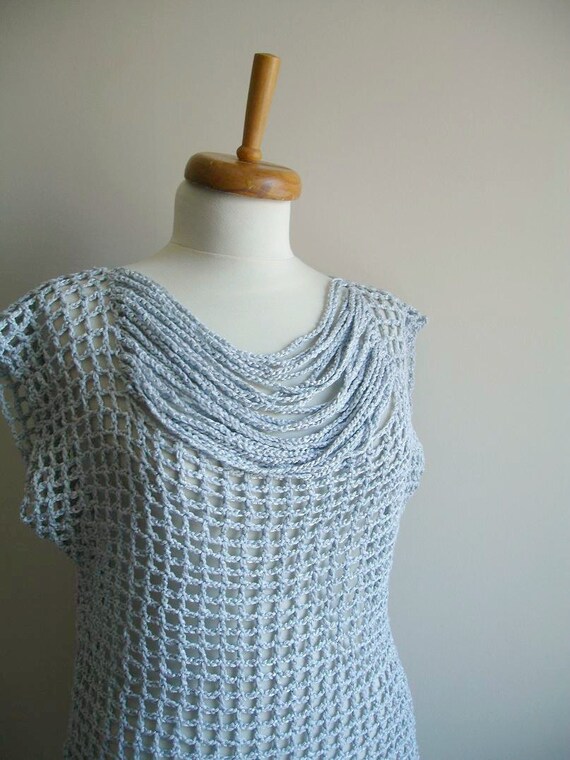 Handcrocheted Silver Grey Blouse Top, OOAK Fashion