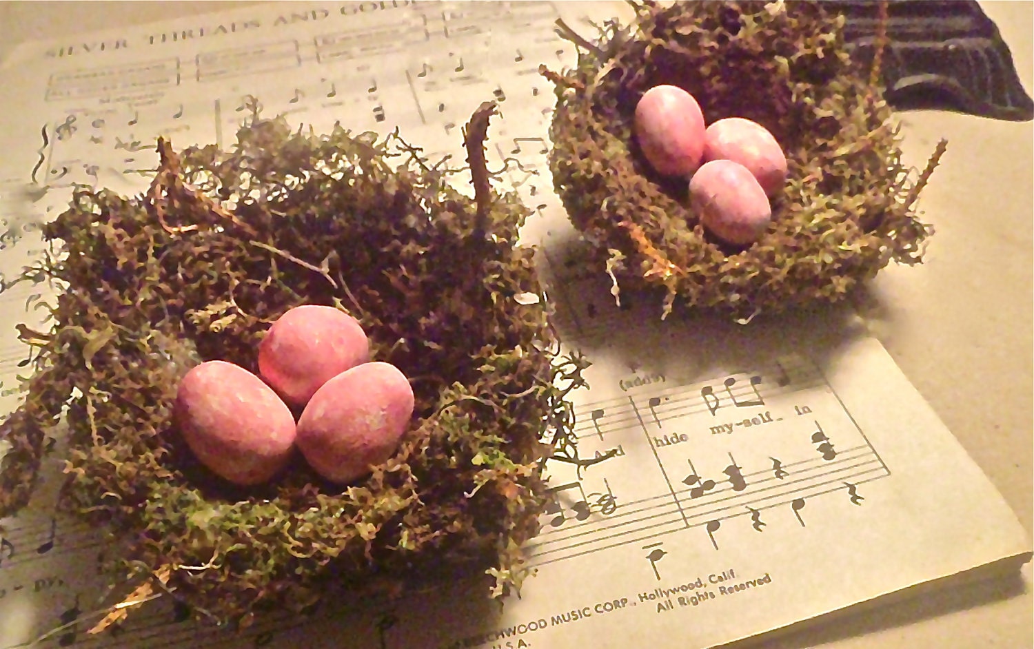 Moss Bird Nests - two handmade 3" primitive nests w/  PINK eggs, set of TWO