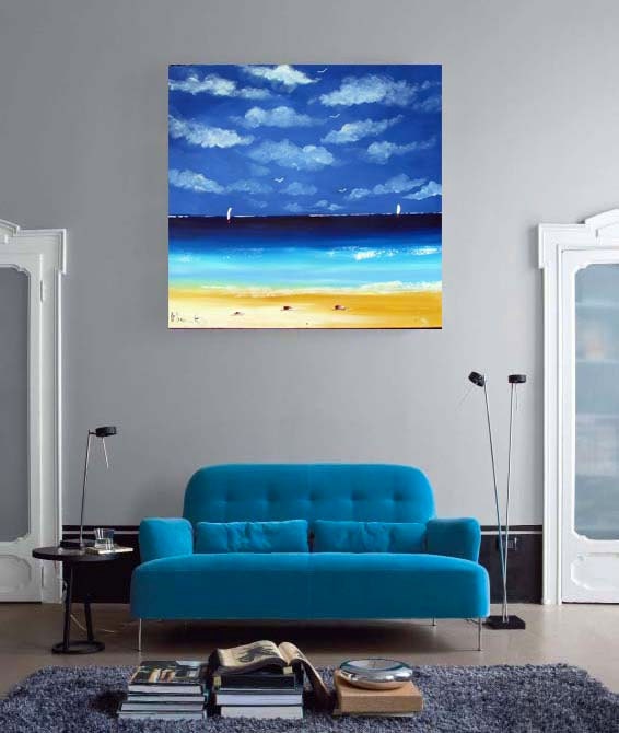 Seascape - beach painting - acrylic on canvas artwork - blue white yellow rare - Sydney Australia scene - Wall Art - Home decor