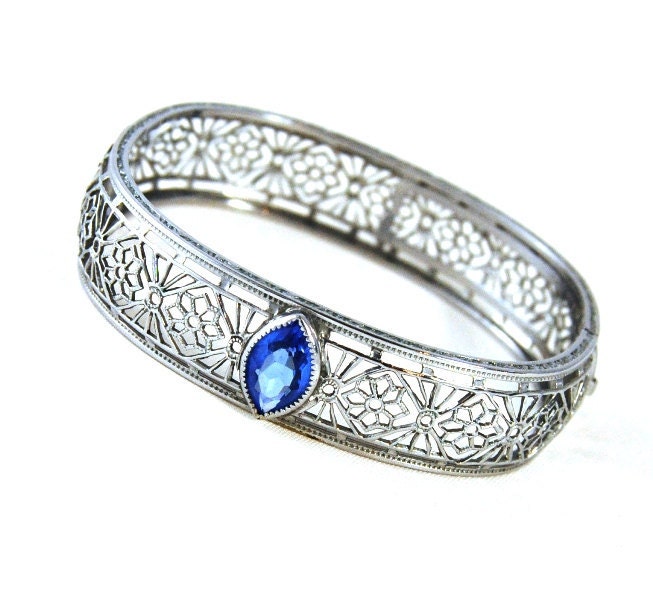 Art Deco Hinged Bangle Bracelet Rhodium Filigree Blue Glass NuWite