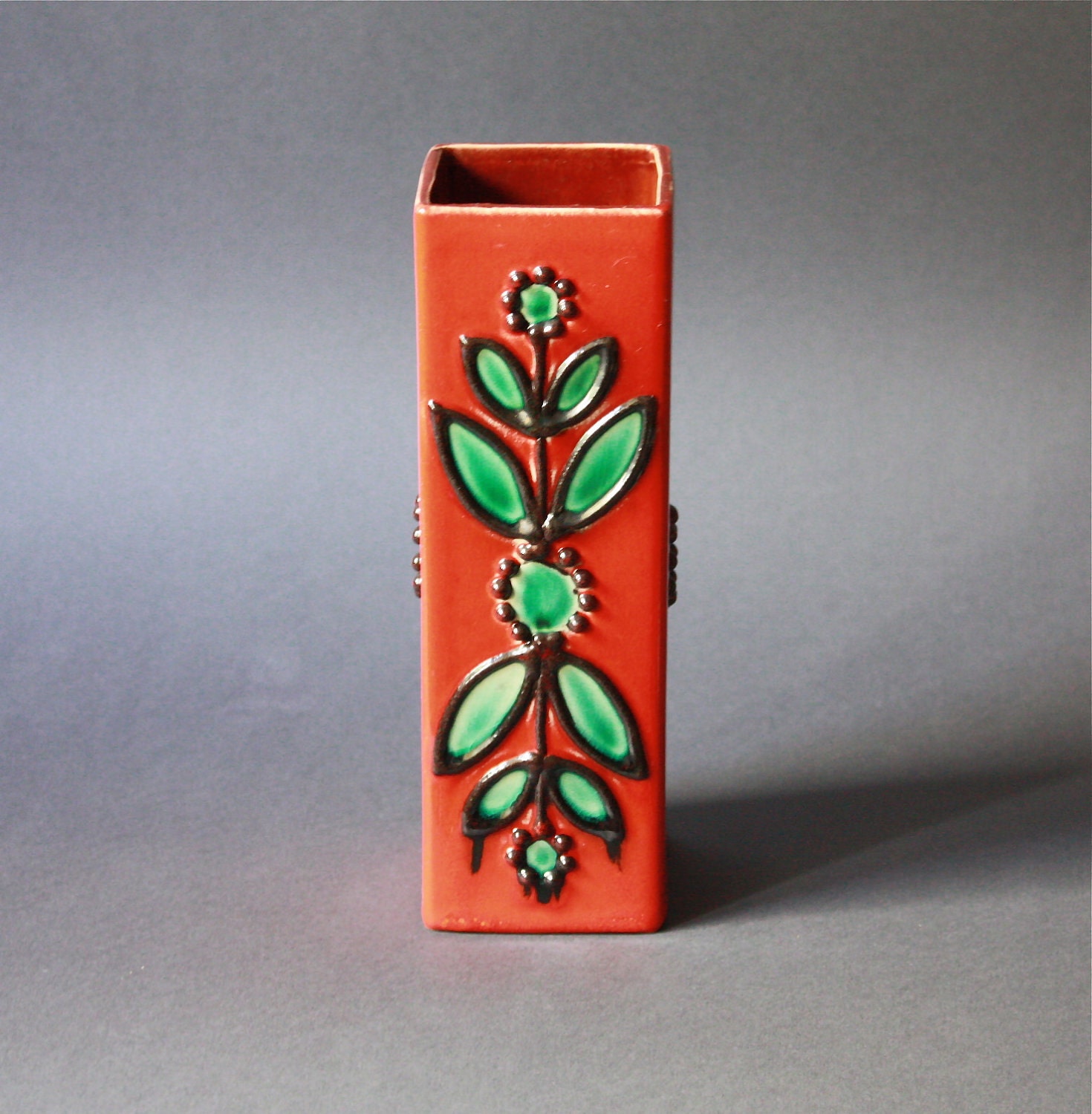 Mid Century Modern West German Pottery Vase by Bay in Orange and Turquoise
