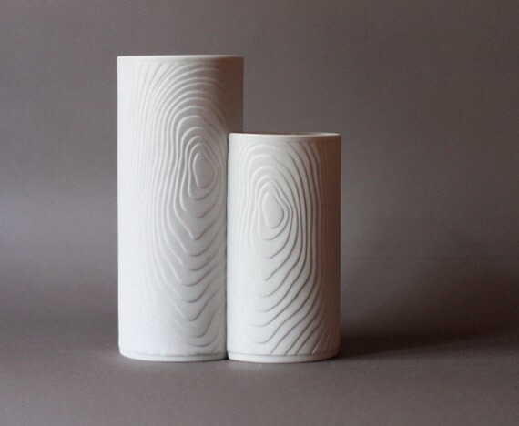 ON SALE Set of Two Matte Porcelain Vases with Woodgrain Relief by Hutschenreuther