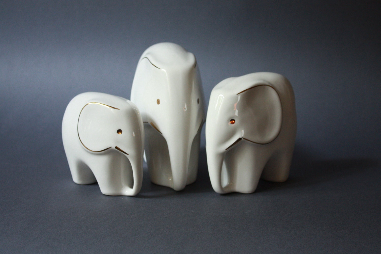 Mid-Century Modern Set of 3 Porcelain Elephants Figurines