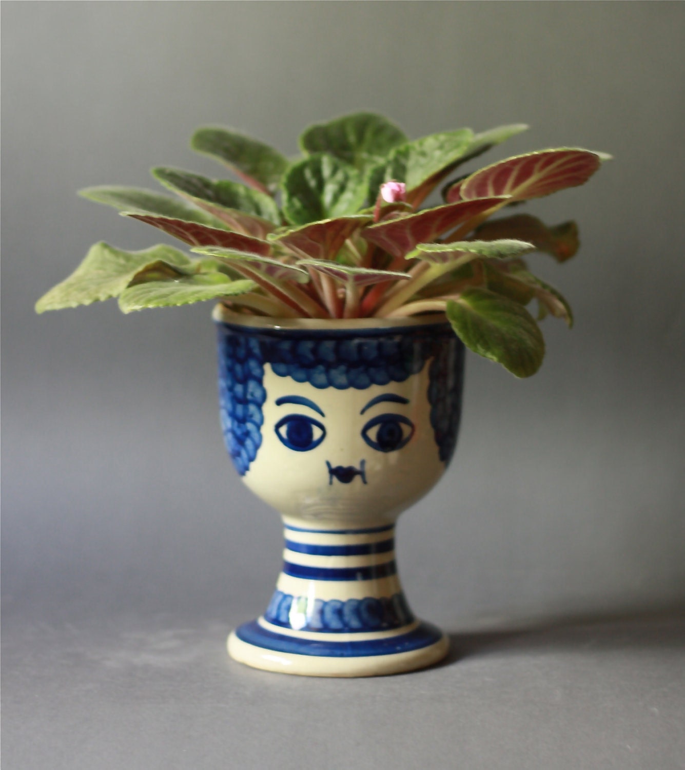RESERVED for Poinier Vintage Funny Face Pottery Planter in Blue