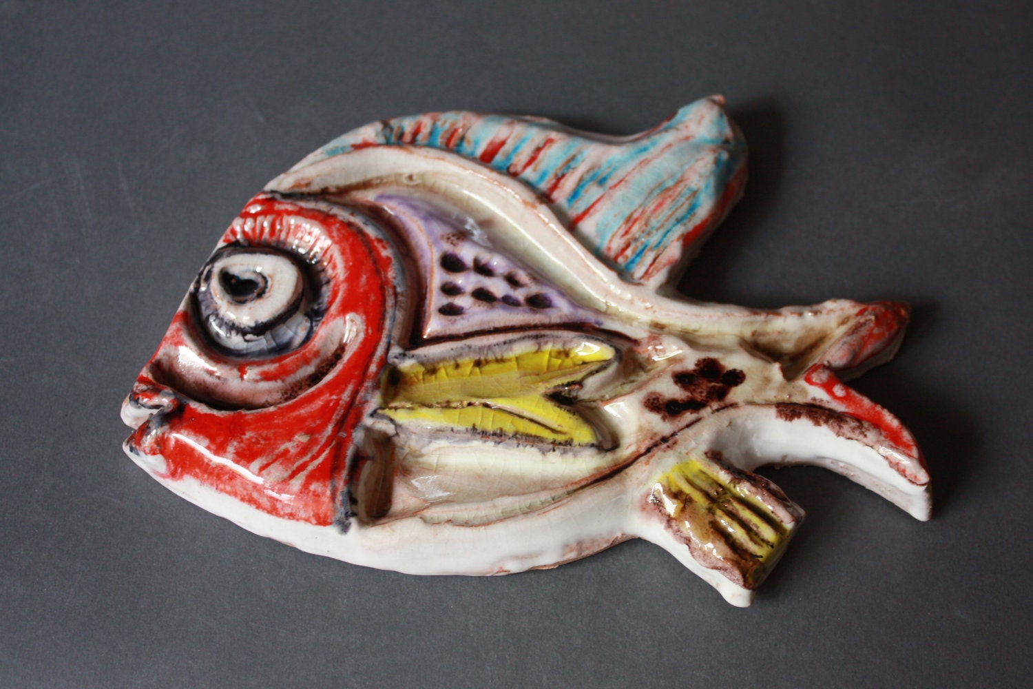 Vintage Modernist De Simone Italian Pottery Fish Wall Plaque