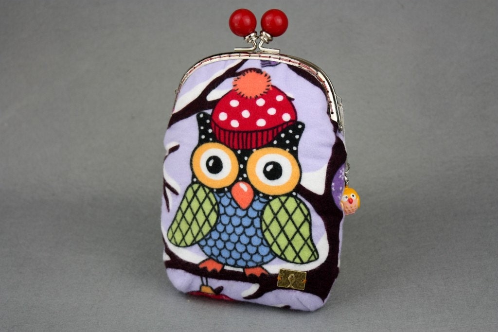 Owls Shoulder Bag - Owls in a Hat Flannel Shoulder Bag in Violet with Metal Frame (Cross Body)