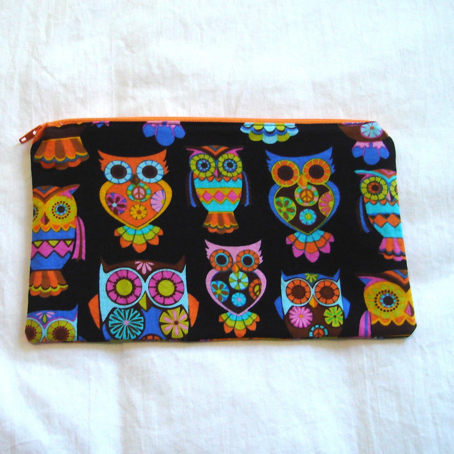 Funky Peace Owls Fabric Zipper Pouch / Pencil Case / Make Up Bag / Gadget Sack