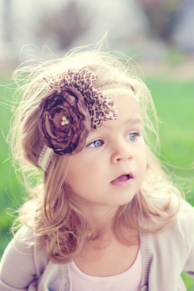 Baby Romper -  Brown ruffle lace petti romper with matching brown and leopard headband