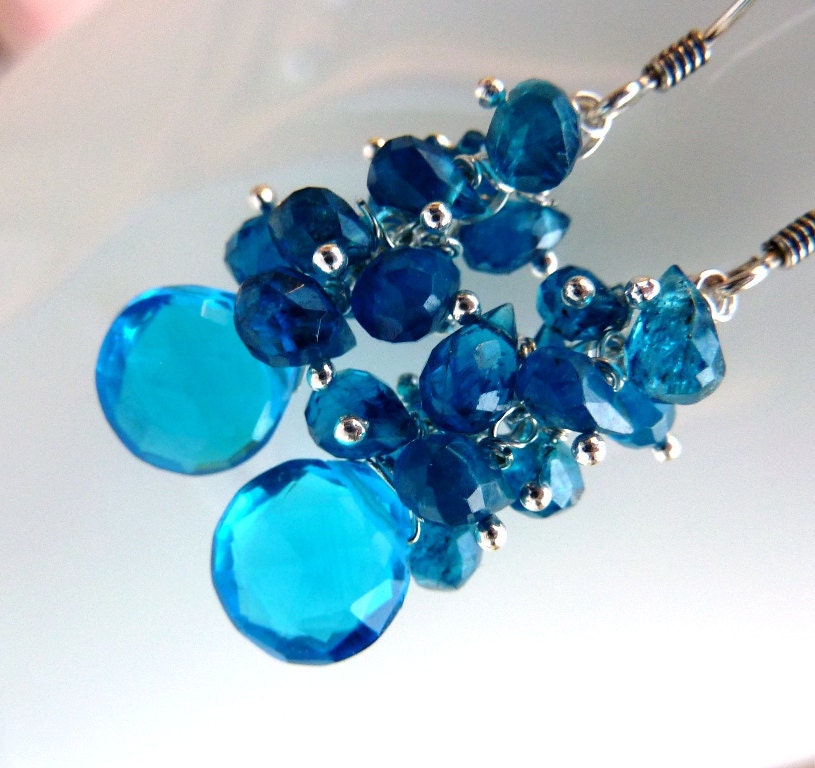 RESERVED. Neon. Vibrant Glowing Teal Blue Quartz, Teal Apatite, Cluster Earrings. LAST ONE. Beadwork Dangle.