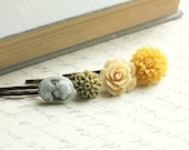 Floral Hair Accessories, Honey Gold, Yellow Flowers, Olive Green, Cameo, Rose, Flower Bobby Pins,Flowers for Hair -  Set of Four (4) - apocketofposies