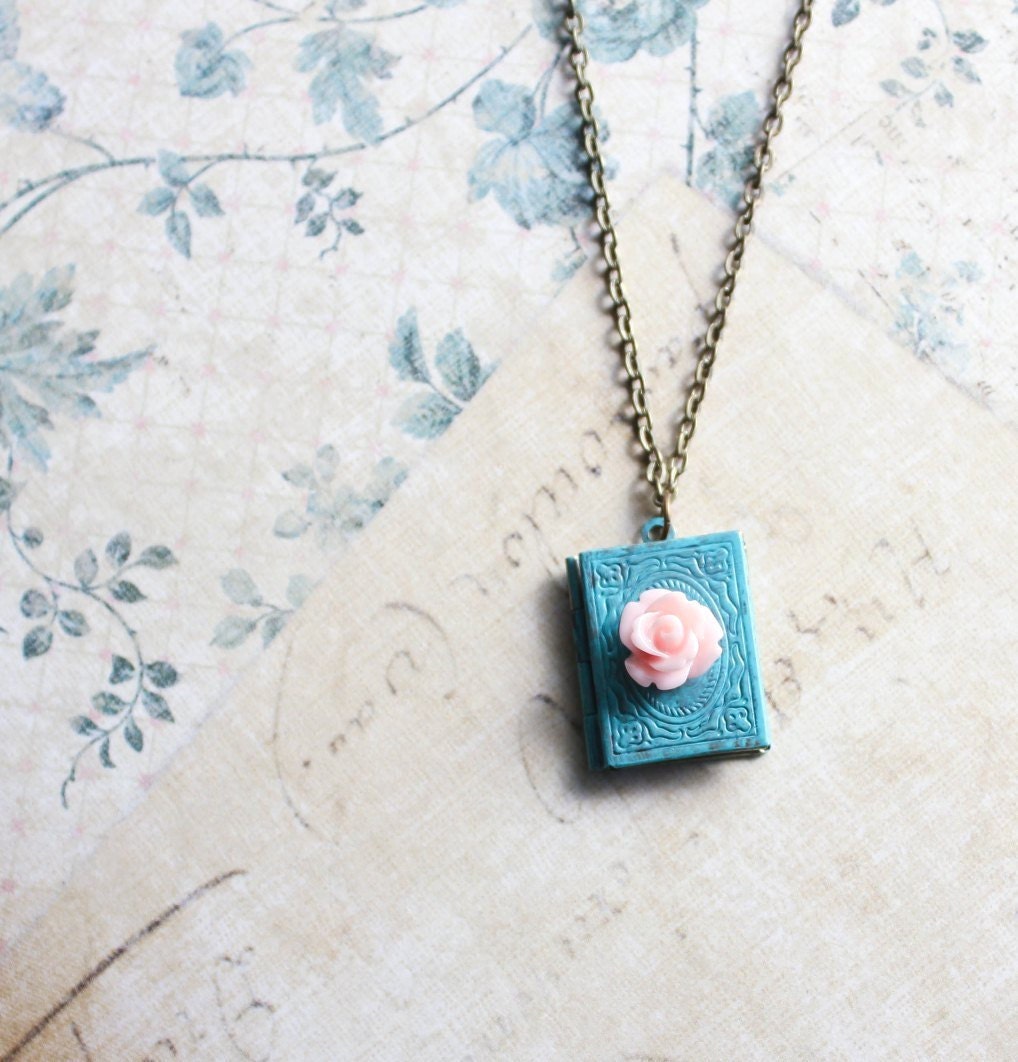Book Locket Necklace, Aqua Patina, Pink Rose, Shabby Chic, Secret Hiding Places, Antique Brass, Unique Necklace