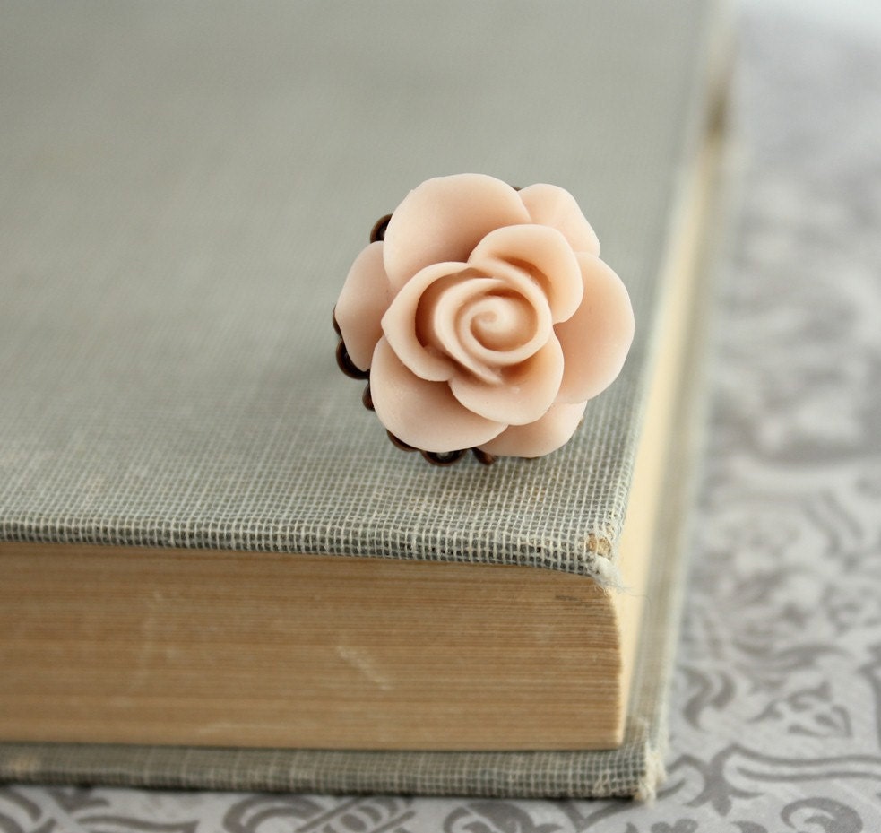 Blush Rose Ring, Pale Pink, Flower Cocktail Ring, Adjustable Filigree Ring, Rose Smoke
