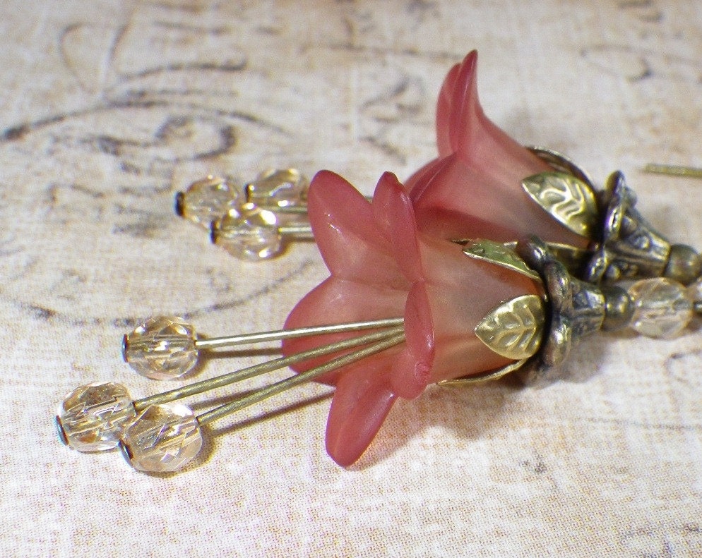 Flower Earrings in Strawberry Blush Pink with Antique Brass Leaf Details - Whimsy Collection