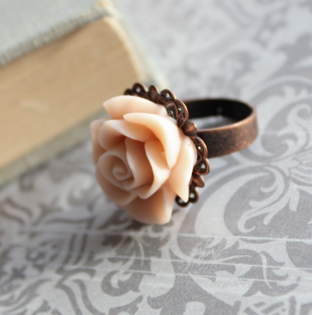 Blush Rose Ring, Pale Pink, Flower Cocktail Ring, Adjustable Filigree Ring, Rose Smoke