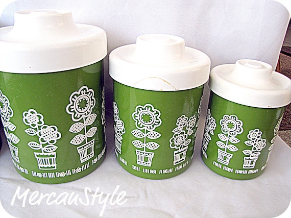 Alumninum Cainster Set of 4 Vintage Green Floral