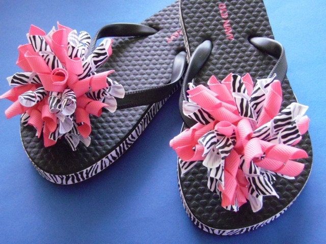 Zebra Print & Hot Pink Flip Flops - Korker Bows...Youth Sizes...Ready to Ship
