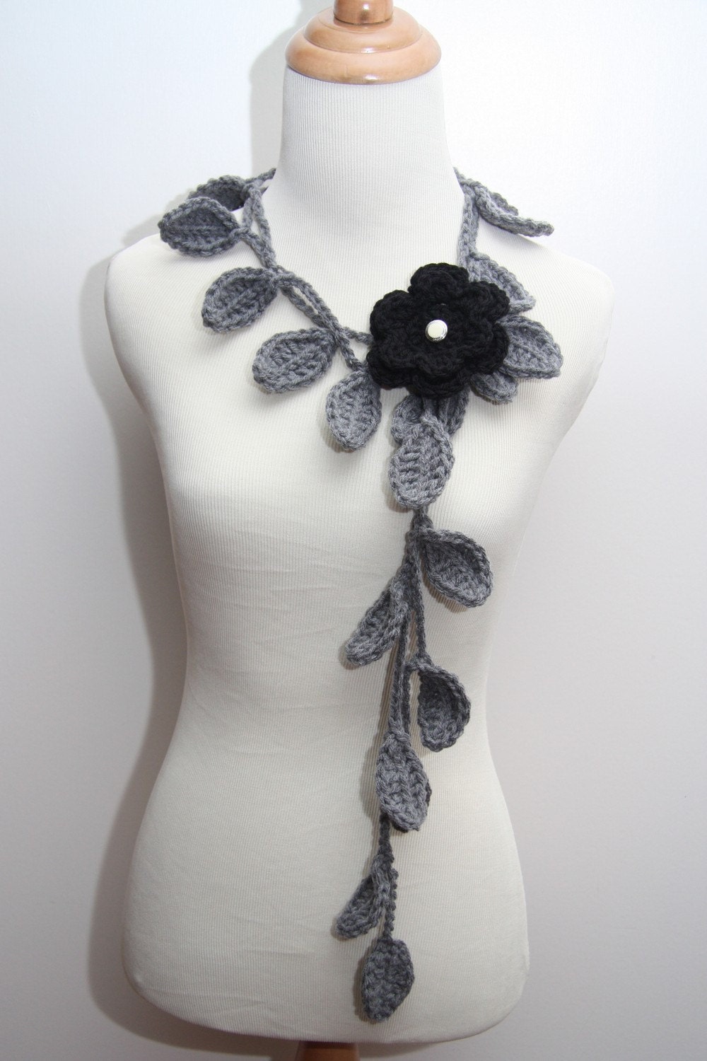 Crocheted Grey Leaf Necklace with Black Flower Brooch