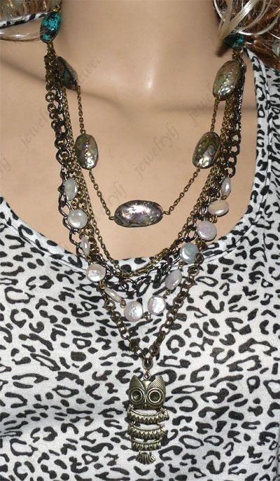 Gorgeous Abalone MOP Shell pearl and turquoise Antiqued Brass Chain necklace