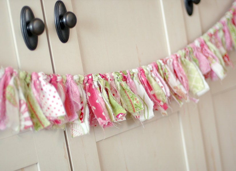 Shabby Torn Fabric Rag Garland Banner Bunting, Nursery Decor, Photo Prop - Pink, Green, White - 6 Feet