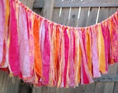 Vintage Inspired Shabby Torn Fabric Rag Garland Banner Bunting, Wedding Party Decor, Photo Prop - Tangerine, Orange, Pink, Fuchsia - 6 Feet