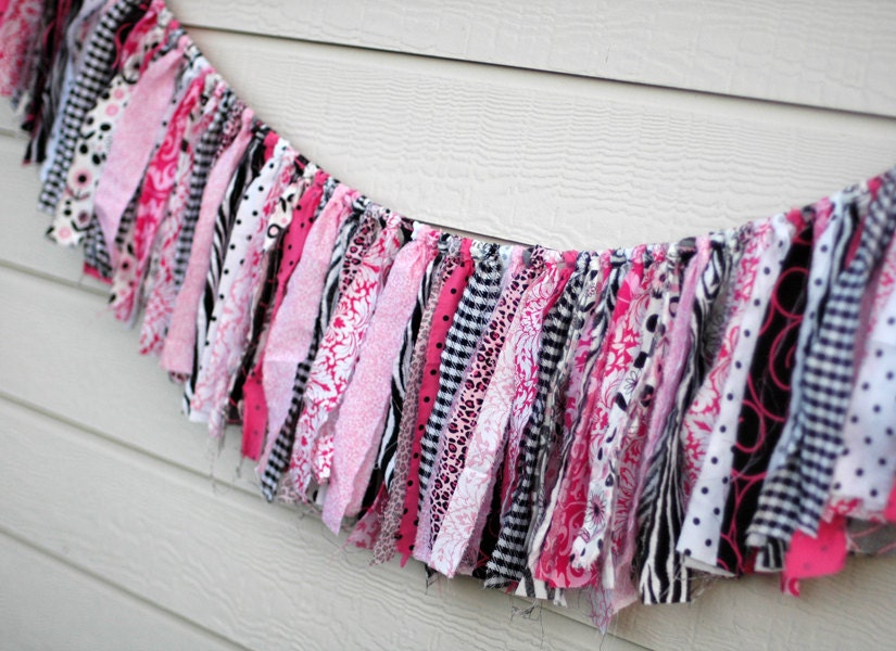 Barbie Inspired Shabby Torn Fabric Rag Garland Banner Bunting, Wedding Party Decor, Photo Prop - Pinks, Black and White - 6 feet