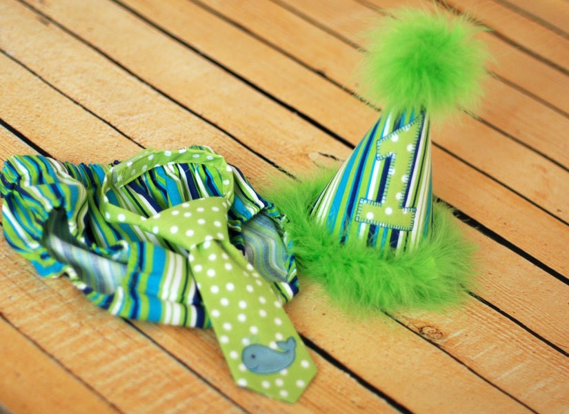 Boys Birthday Party Hat, Diaper Cover and Tie - Perfect for First Birthday, Smash Cake Pics, Photo Prop - Whale in Lime and Blues