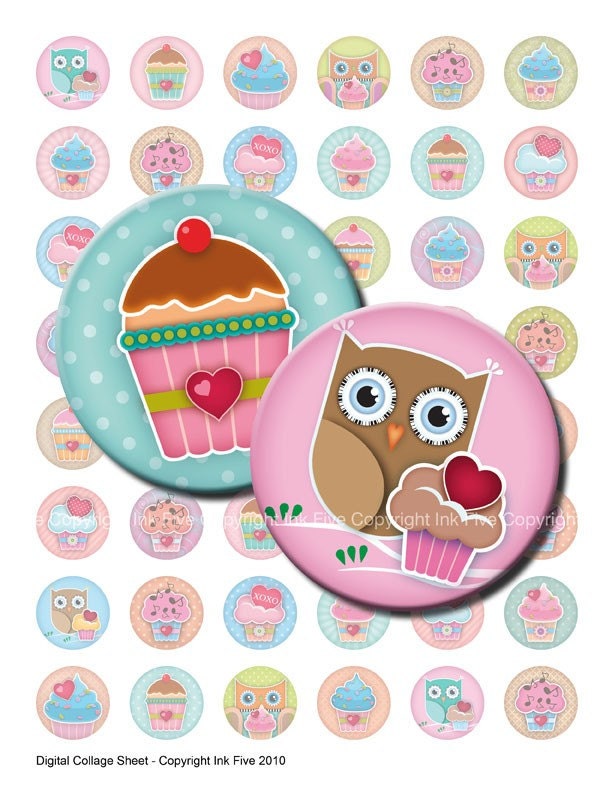 Cupcakes with Love 1 x 1 inch circles. Valentines bottlecap printable images. Digital collage sheet for bottle caps, cupcake toppers, decors