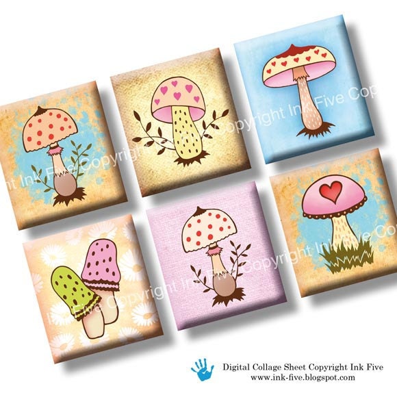 Sweet Mushrooms 0.75x0.83 inch squares scrabble tile size images. Two 4x6'' Collage Sheets for scrabble pendants. Digital download.