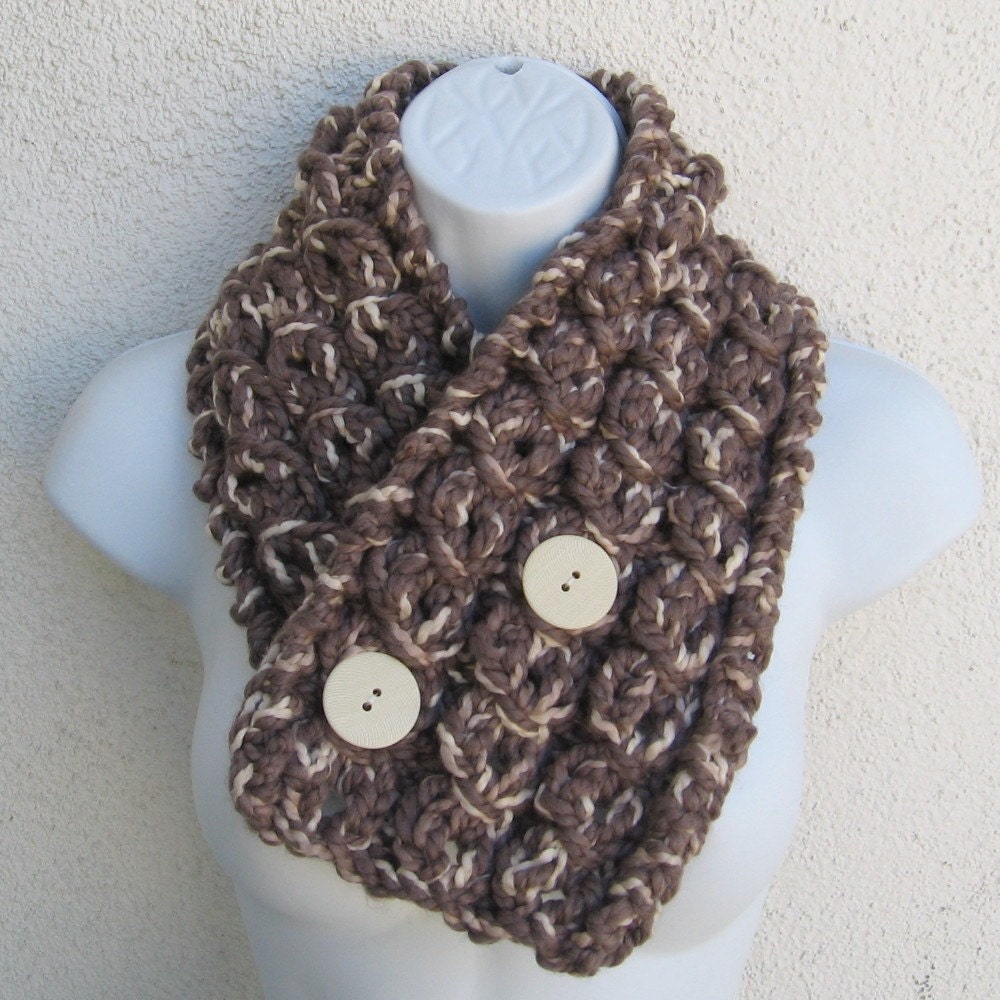TAUPE & FRENCH VANILLA Cable Button Cowl with two shades of taupe and a little beige and creamy off white
