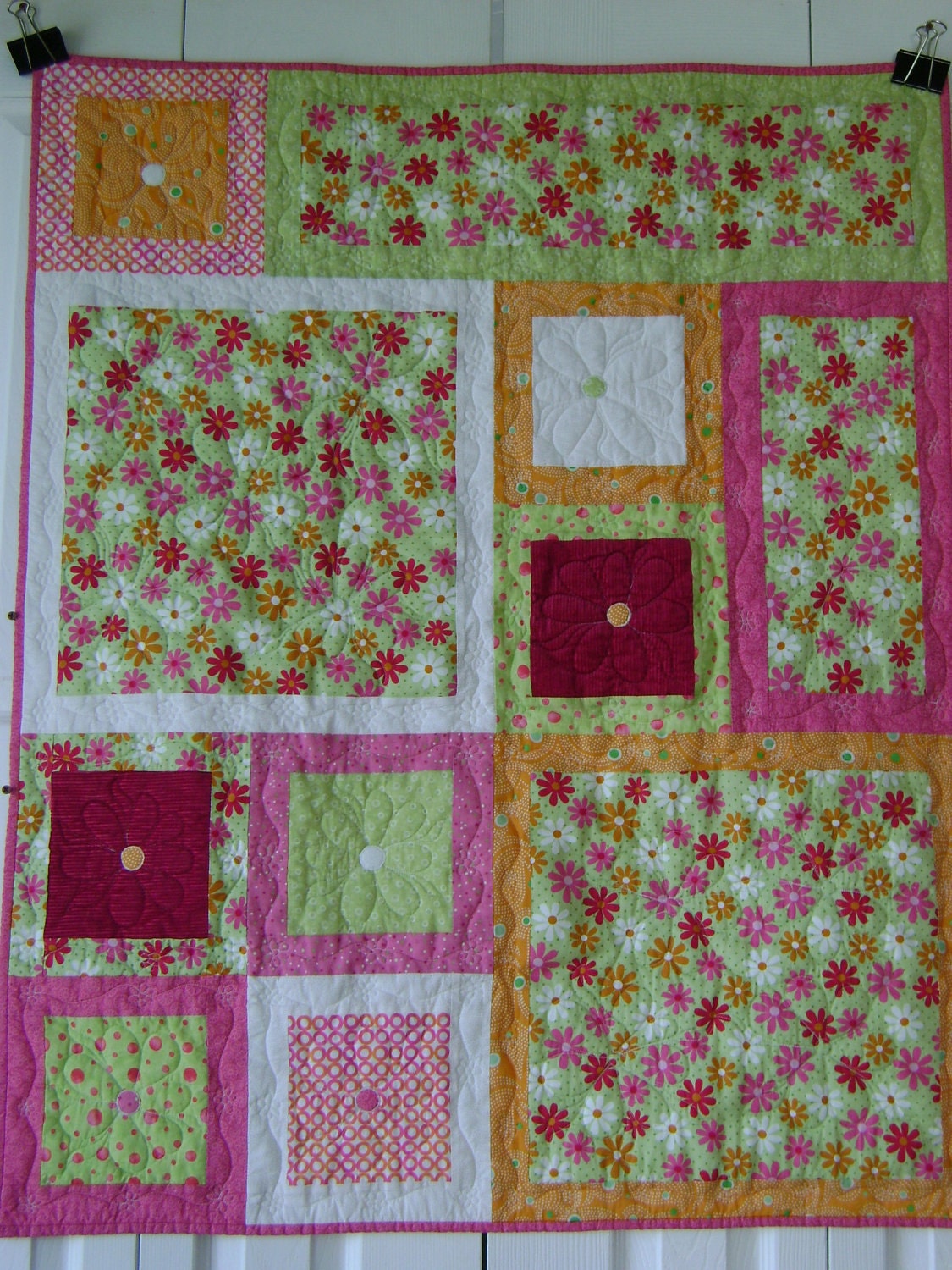 Daisies All Around, Baby, Child, Girl, Lap Quilt in Lime Green, Orange Sherbet, White and Raspberry Pink