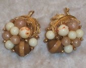 Beaded Cluster Earrings Vintage Brown Taupe Cream Beads