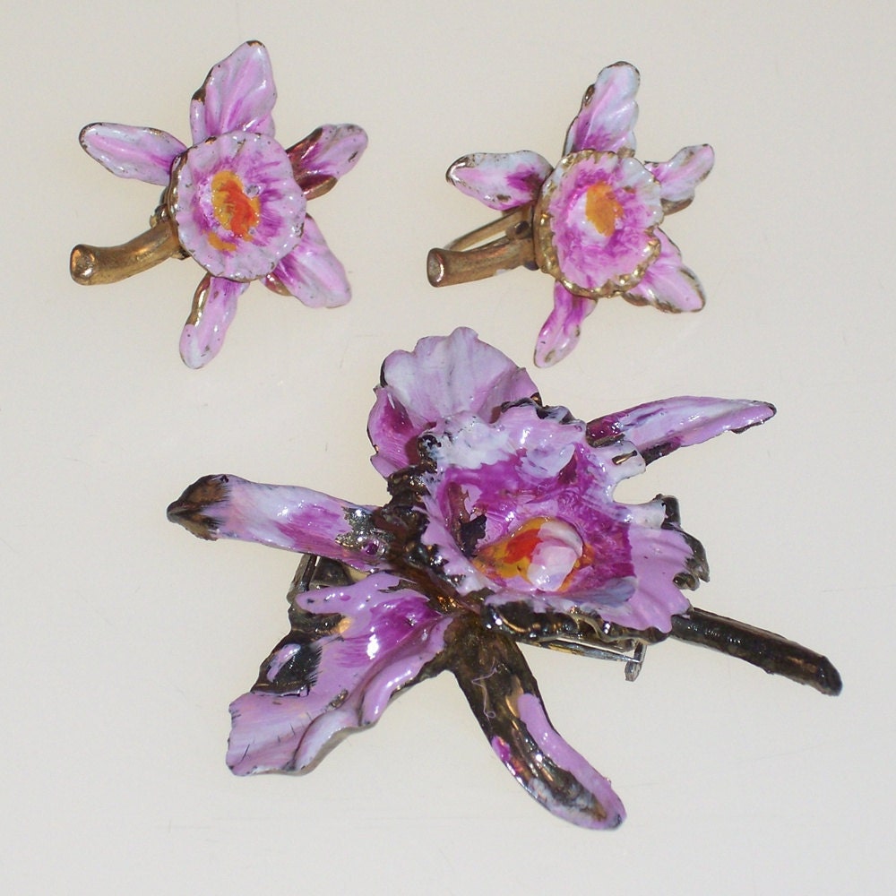 Enamel Flower Set Vintage Brooch Earrings Purple Pink