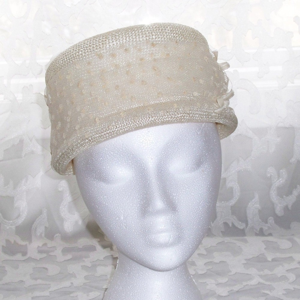 Mod 1960s Hat Vintage CAROL Pillbox Hat Swiss Dot Tulle with Rhinestone and Velvet Bows