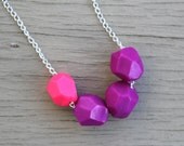 Polymer Clay Necklace : Neon Pink and Purple Geometric Polymer Clay Bead Necklace, Color Blocking, Bohemian, Silver Chain with Floral Accent