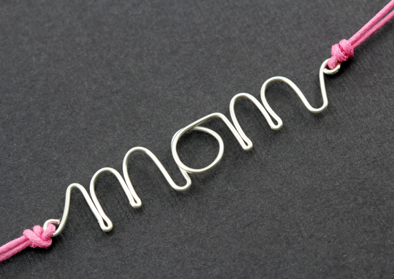 ITS A GIRL - Mom Bracelet : Silver Handwritten Cursive Wire 'MOM' Bracelet with Baby Pink Cotton Cord, New Mom, Mother-To-Be, Baby Shower