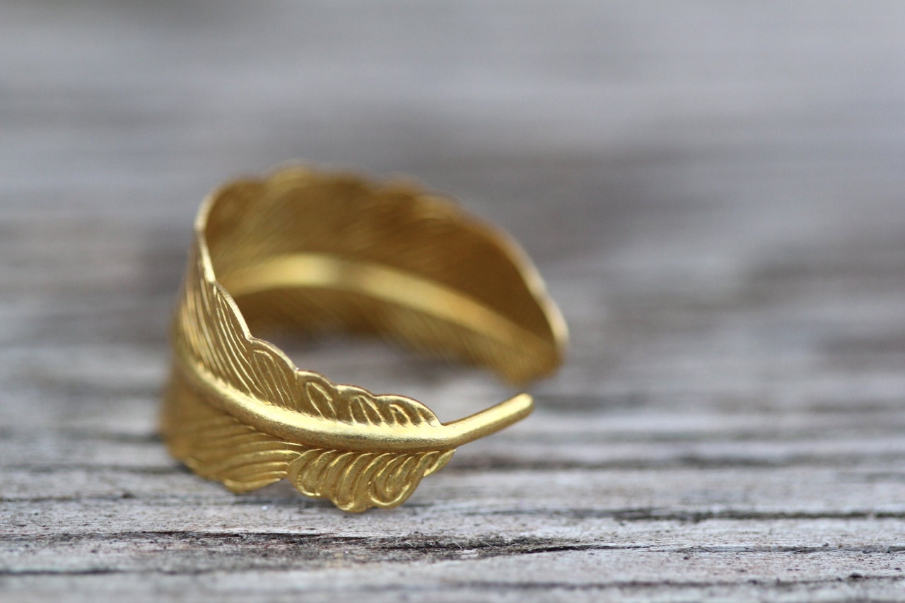 Feather Ring : Gold Infusion. Bohemian Gold Feather Wrap Ring, Feather Charm, Adjustable, Leaf, Simple, Casual, Yoga