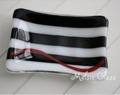 Black & White striped glass soap dish, with red swirl detail