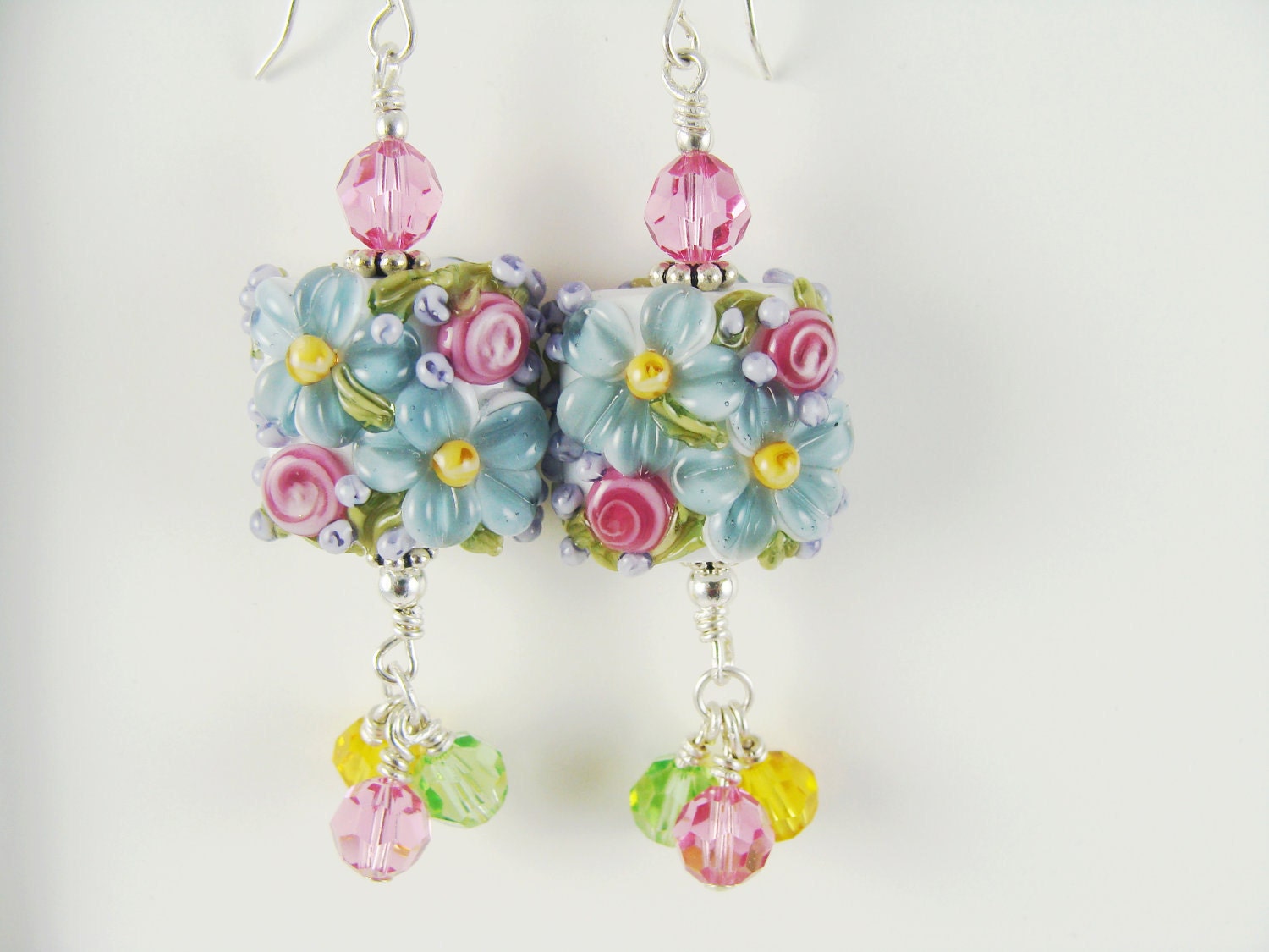 Pink Rose Lampwork Earrings, Blue Dangle Earrings, Flower Glass Bead Earrings, Floral Beadwork Earring, Glass Bead Jewelry, Lampwork Jewelry