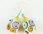 White Lampwork Earrings, Glass Bead Earrings, Colorful Dangle Earrings, Green Yellow Orange Earrings, Beadwork Earrings, Lampwork Jewelry