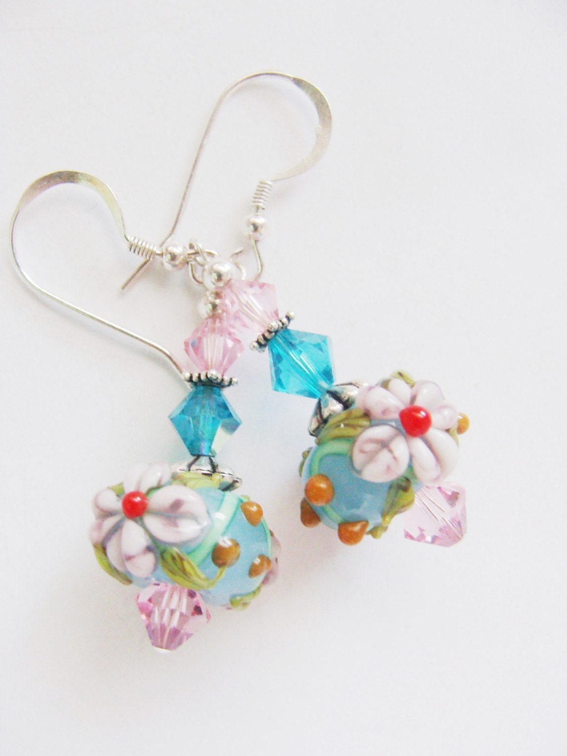 Aqua Pink Lampwork Earrings, Aqua Earrings, Pink Flower Earrings, Pastel Earrings - Pastel Garden