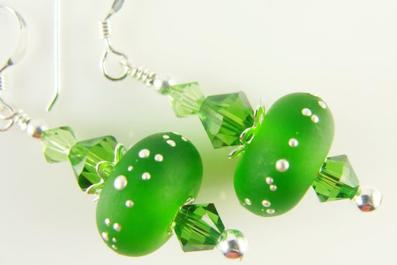 Fern Green Lampwork Glass Bead Earrings, Silvered Bright Color Jewelry