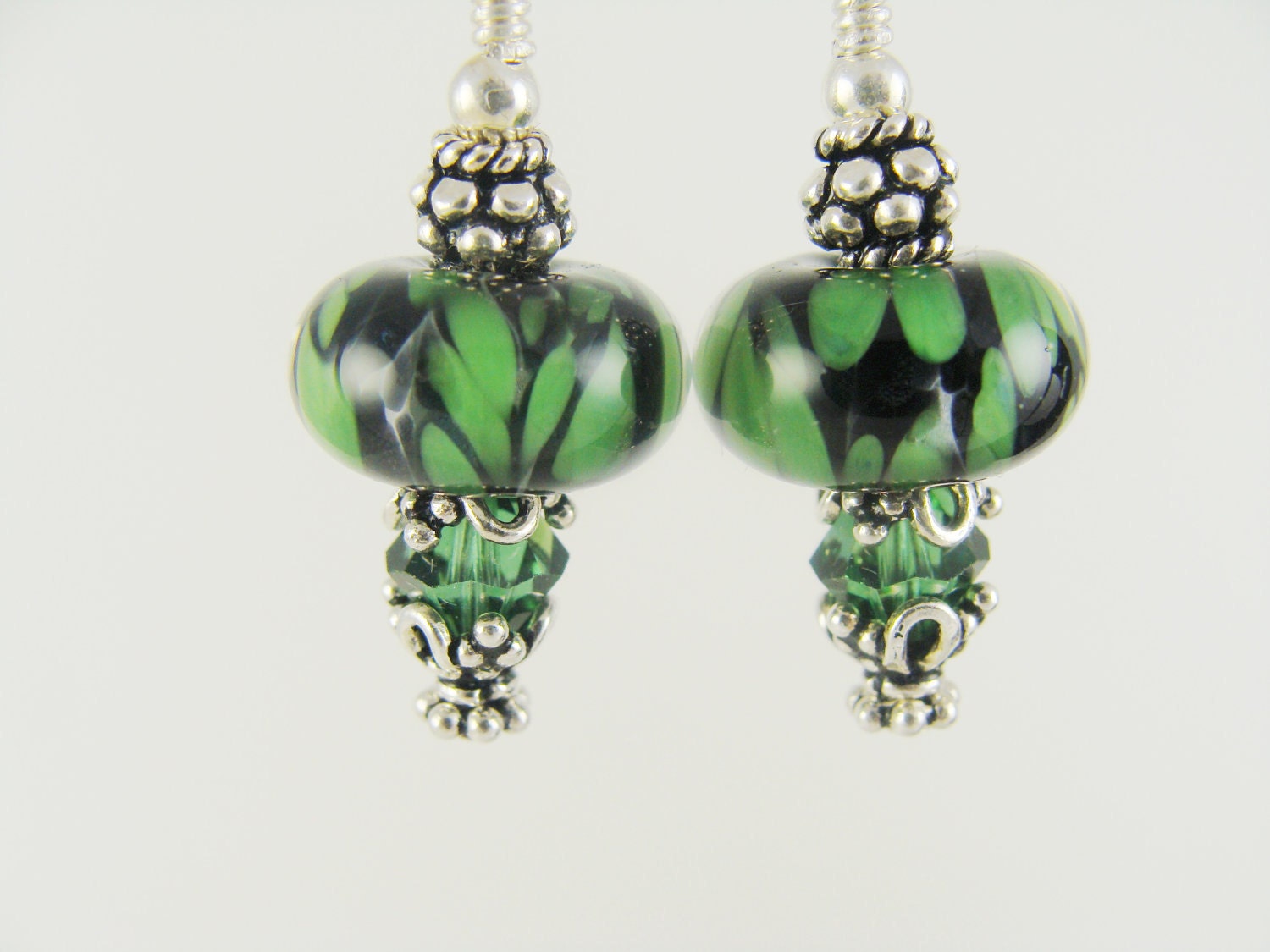 Glass Bead Earrings, Green Dangle Earrings, Black Beaded Earrings, Lampwork Jewelry, Lampwork Boro Earrings
