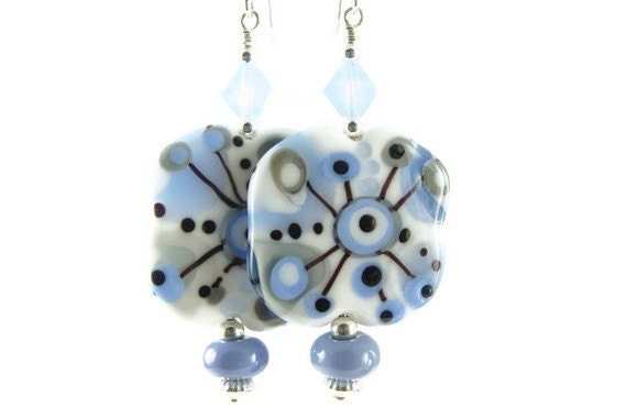 Grey Periwinkle Lampwork Earrings,  Glass Bead Earrings, White Dangle Earrings, Abstract Earrings, Lampwork Jewelry, Blue Beaded Earrings