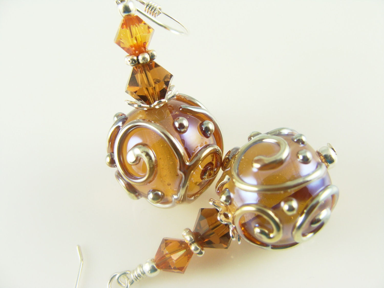 Amber Brown Lampwork Earrings, Dangle Earrings, Glass Bead Earrings, Lampwork Jewelry, Beaded Earrings, Silver Earrings
