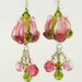 Pink Green Tulip Lampwork Earrings, Rose Pink Bud Glass Bead Earrings, Green Pink Rose Bud Glass Earrings, Pink Earrings, Tulip Earrings