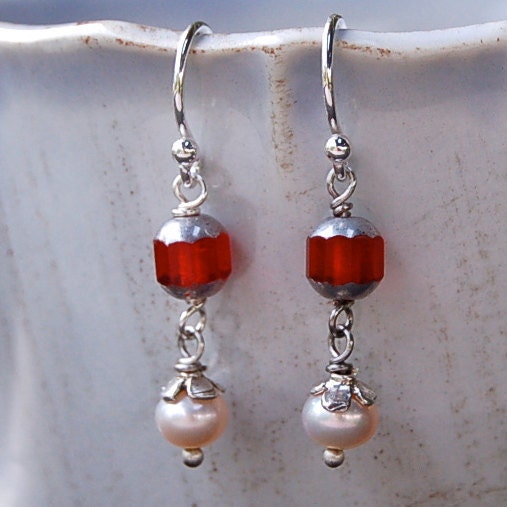 Pearl and Red Glass Earrings