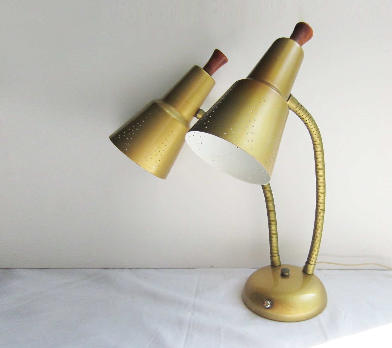 Vintage Mid Century Double Gooseneck Desk Lamp - Gold with Wood Knobs