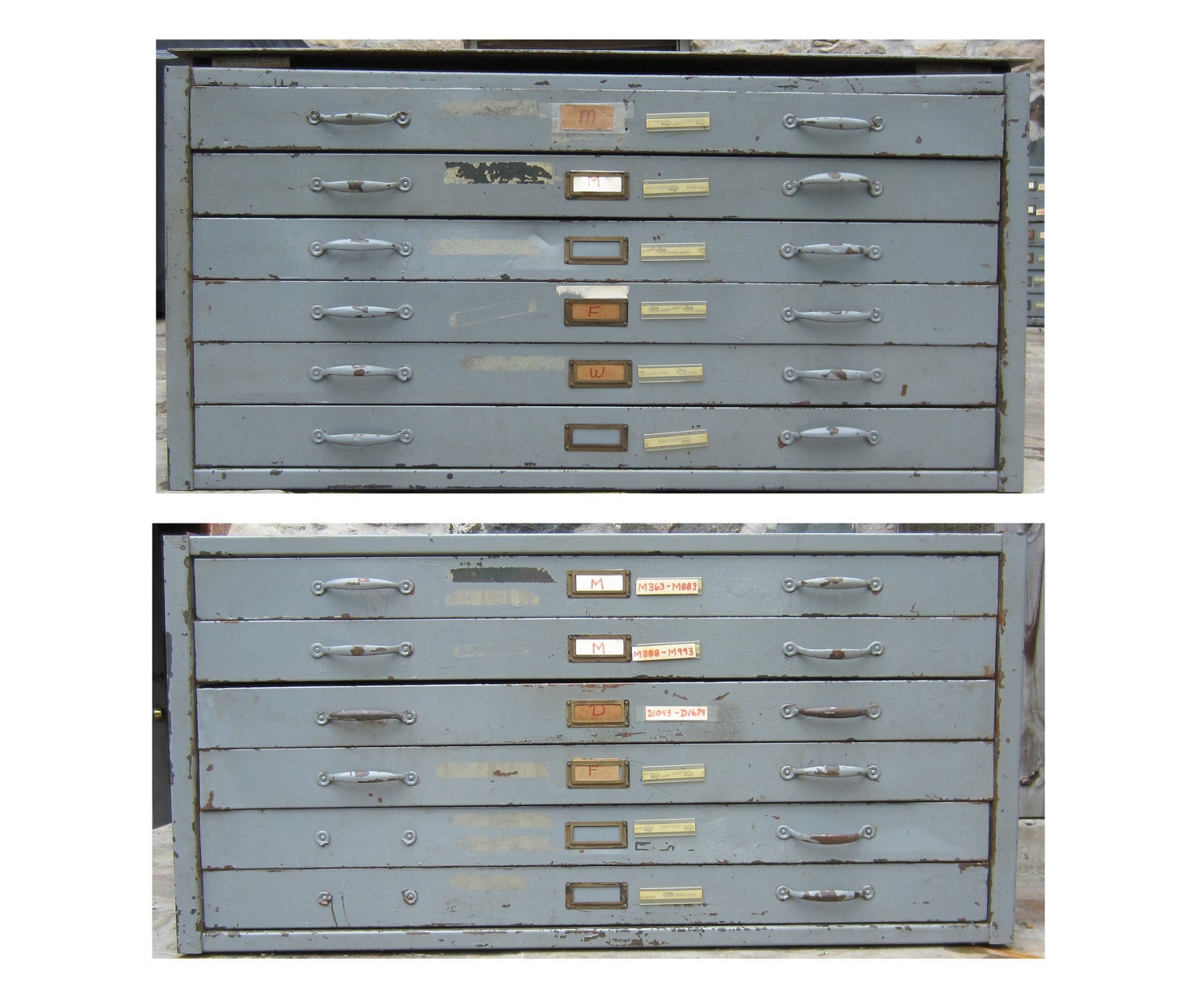 RESERVED for Dan - Vintage Industrial Metal Blueprint Map Cabinets - 12 drawers total (two sections of 6)